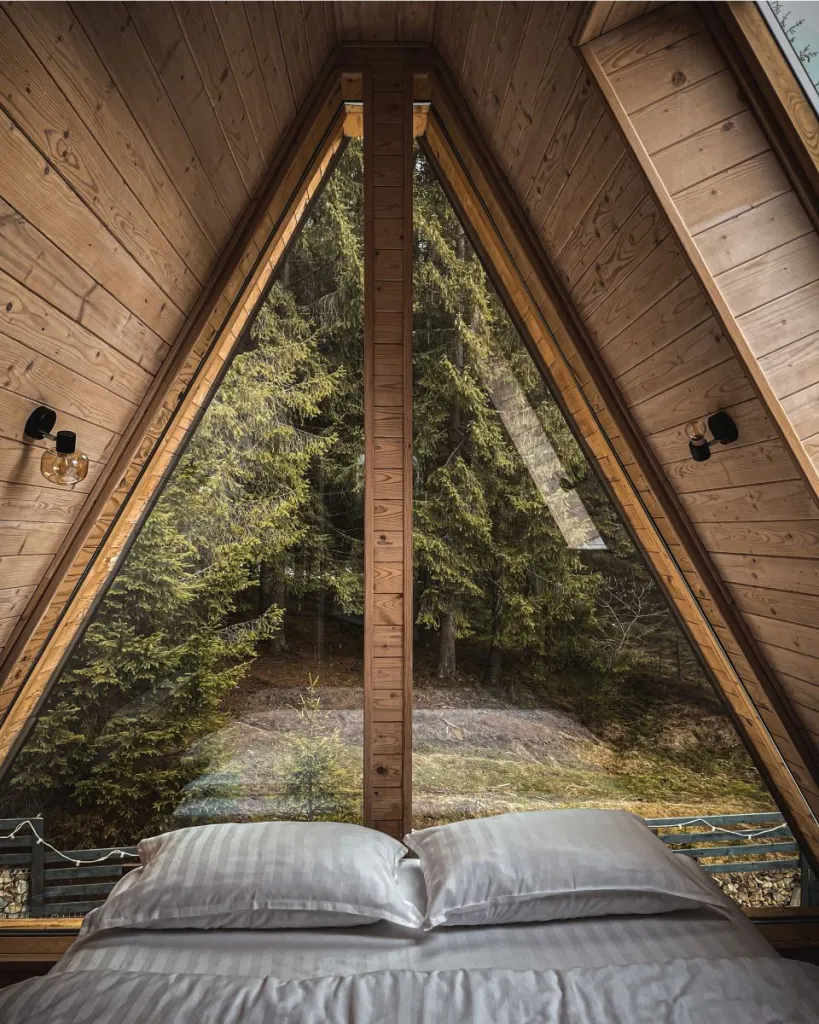 An A-frame window filled by the forest